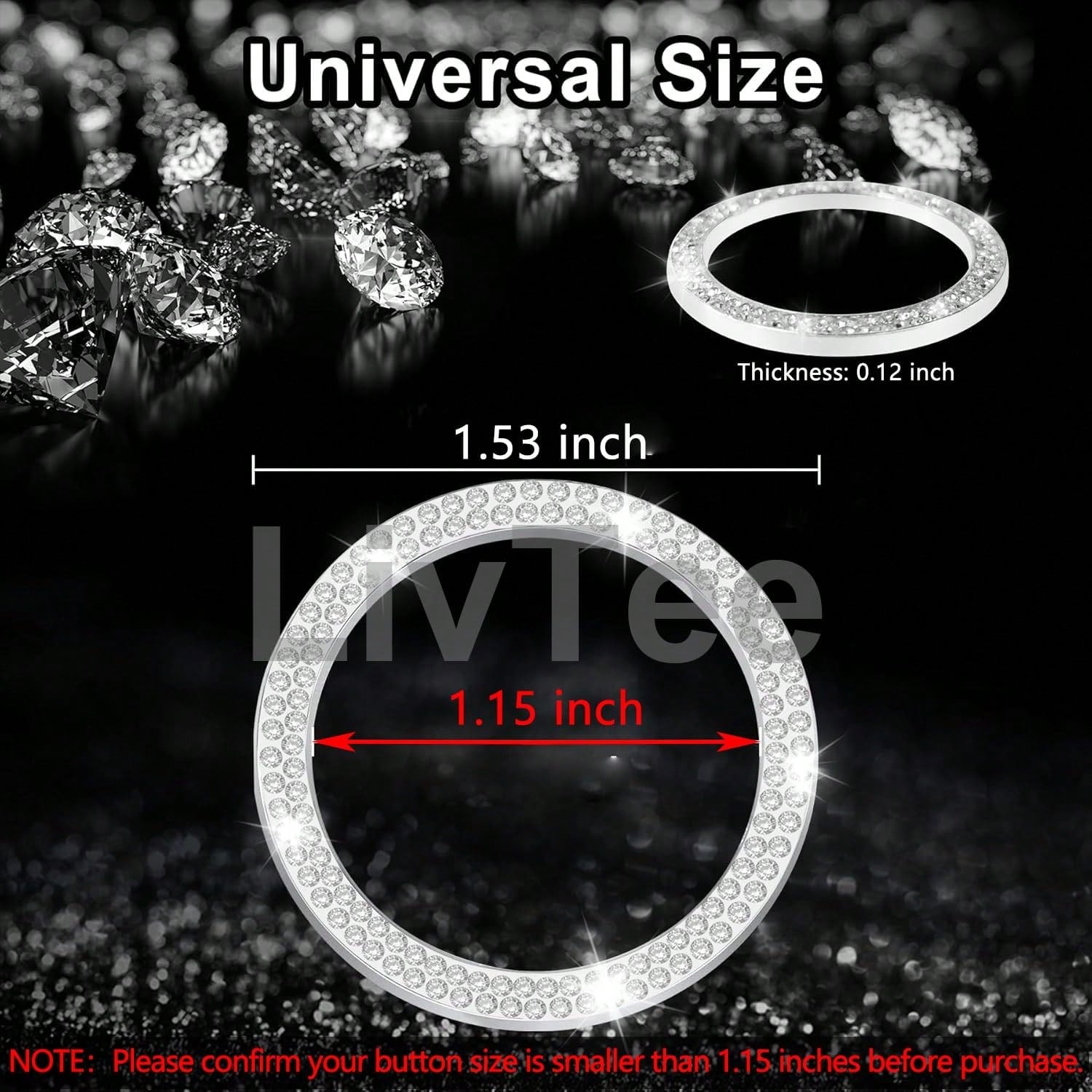 2pcs Black Rhinestone Car Engine Start/Stop Button Ring, Shiny Crystal One-Touch Start Button Decorative Cover, Universal Car Interior Accessory