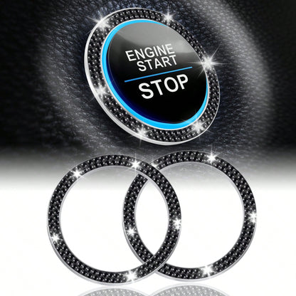 2pcs Black Rhinestone Car Engine Start/Stop Button Ring, Shiny Crystal One-Touch Start Button Decorative Cover, Universal Car Interior Accessory