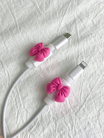 2pcs Cartoon Bowknot Shaped Data Cable Protective Cover Cable Protector, Charger Protector