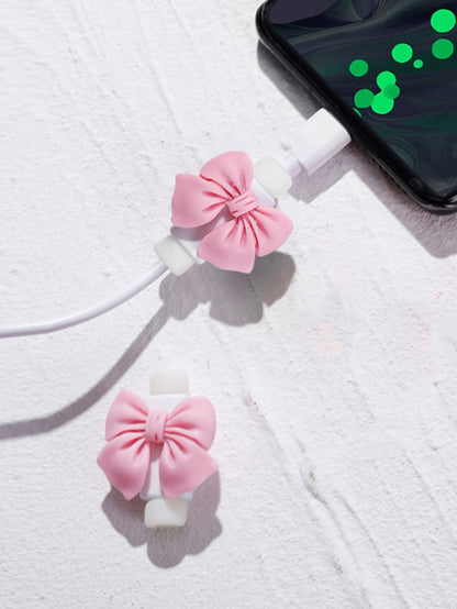 2pcs Cartoon Bowknot Shaped Data Cable Protective Cover Cable Protector, Charger Protector