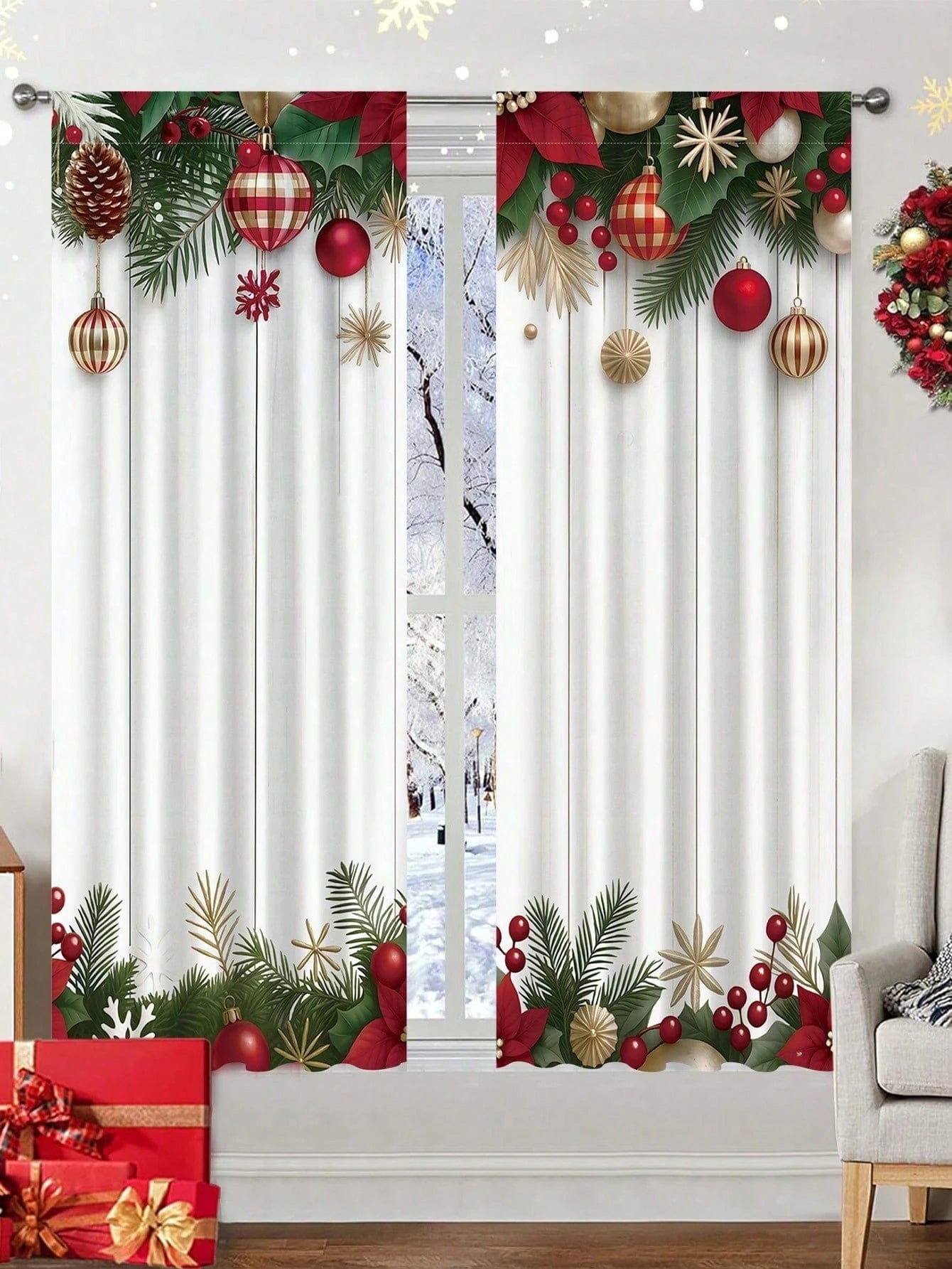 2pcs Christmas Ball And Pine Branch Curtain, Curtain, Window Decoration, Party Supplies, Baby Shower Decoration, Home Decor Background, Party Gift, Room Decoration, Bedroom Decoration, Kitchen Decorat