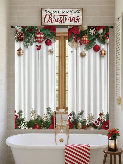 2pcs Christmas Ball And Pine Branch Curtain, Curtain, Window Decoration, Party Supplies, Baby Shower Decoration, Home Decor Background, Party Gift, Room Decoration, Bedroom Decoration, Kitchen Decorat