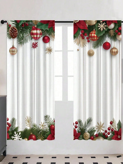 2pcs Christmas Ball And Pine Branch Curtain, Curtain, Window Decoration, Party Supplies, Baby Shower Decoration, Home Decor Background, Party Gift, Room Decoration, Bedroom Decoration, Kitchen Decorat