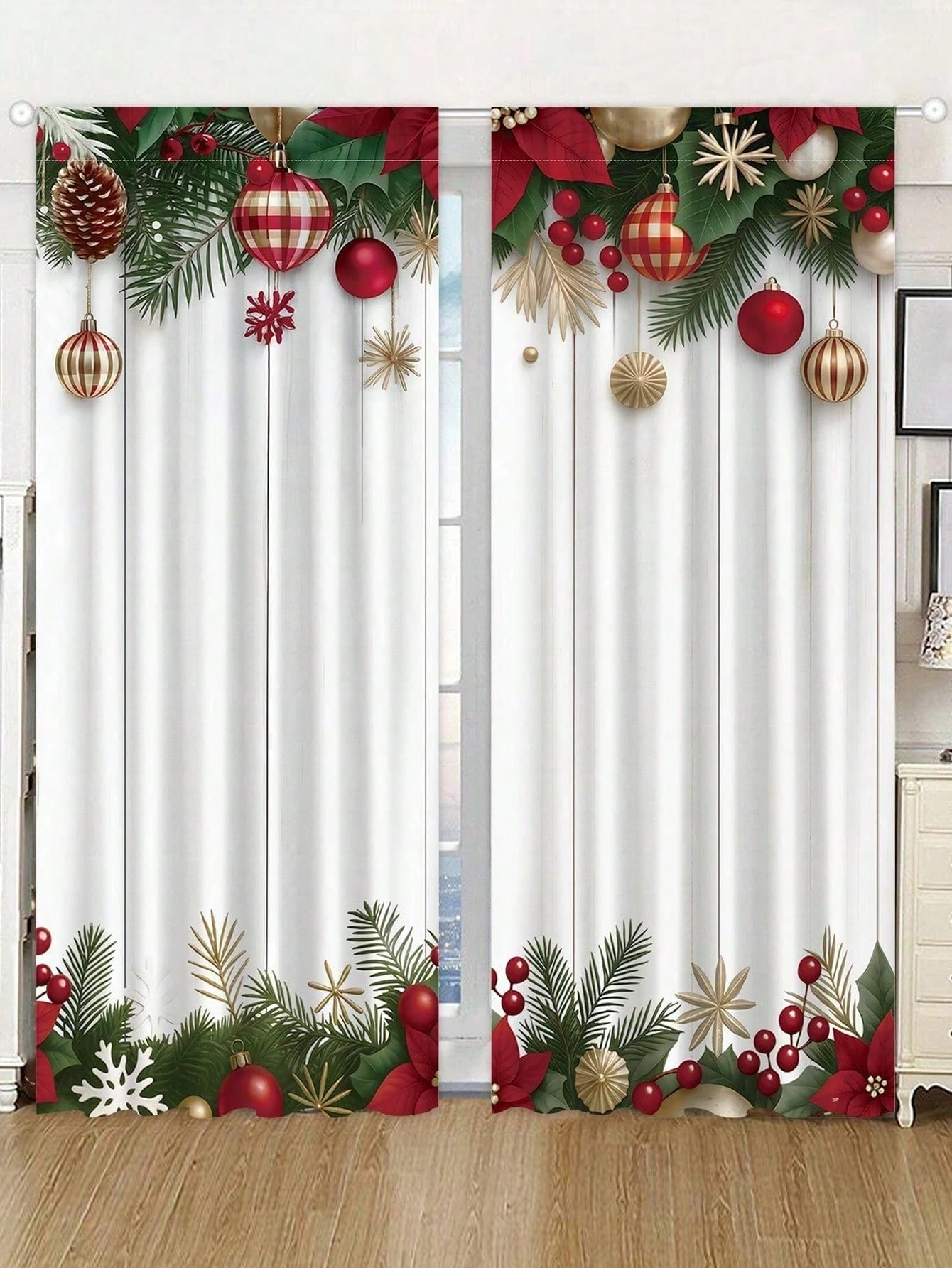 2pcs Christmas Ball And Pine Branch Curtain, Curtain, Window Decoration, Party Supplies, Baby Shower Decoration, Home Decor Background, Party Gift, Room Decoration, Bedroom Decoration, Kitchen Decorat