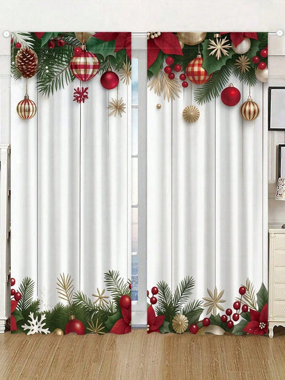 2pcs Christmas Ball And Pine Branch Curtain, Curtain, Window Decoration, Party Supplies, Baby Shower Decoration, Home Decor Background, Party Gift, Room Decoration, Bedroom Decoration, Kitchen Decorat