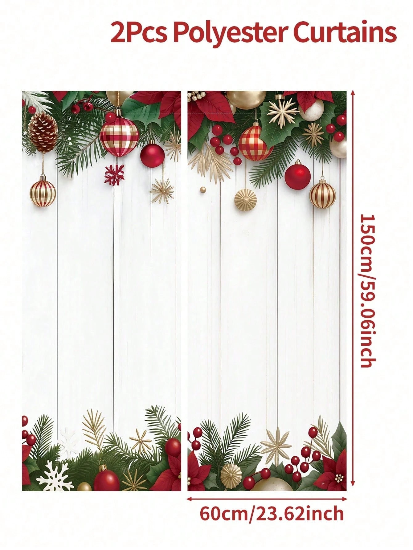 2pcs Christmas Ball And Pine Branch Curtain, Curtain, Window Decoration, Party Supplies, Baby Shower Decoration, Home Decor Background, Party Gift, Room Decoration, Bedroom Decoration, Kitchen Decorat