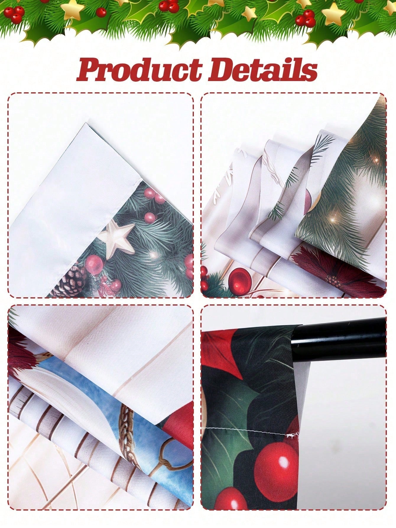 2pcs Christmas Ball And Pine Branch Curtain, Curtain, Window Decoration, Party Supplies, Baby Shower Decoration, Home Decor Background, Party Gift, Room Decoration, Bedroom Decoration, Kitchen Decorat