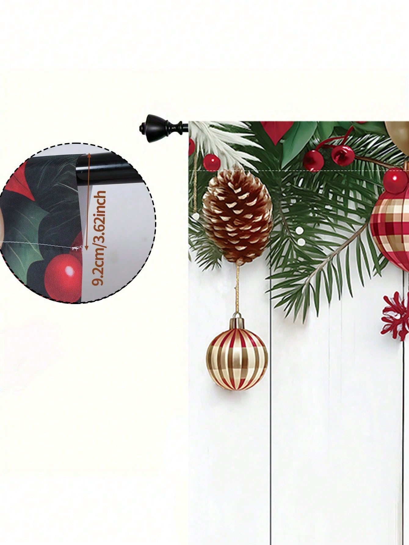 2pcs Christmas Ball And Pine Branch Curtain, Curtain, Window Decoration, Party Supplies, Baby Shower Decoration, Home Decor Background, Party Gift, Room Decoration, Bedroom Decoration, Kitchen Decorat
