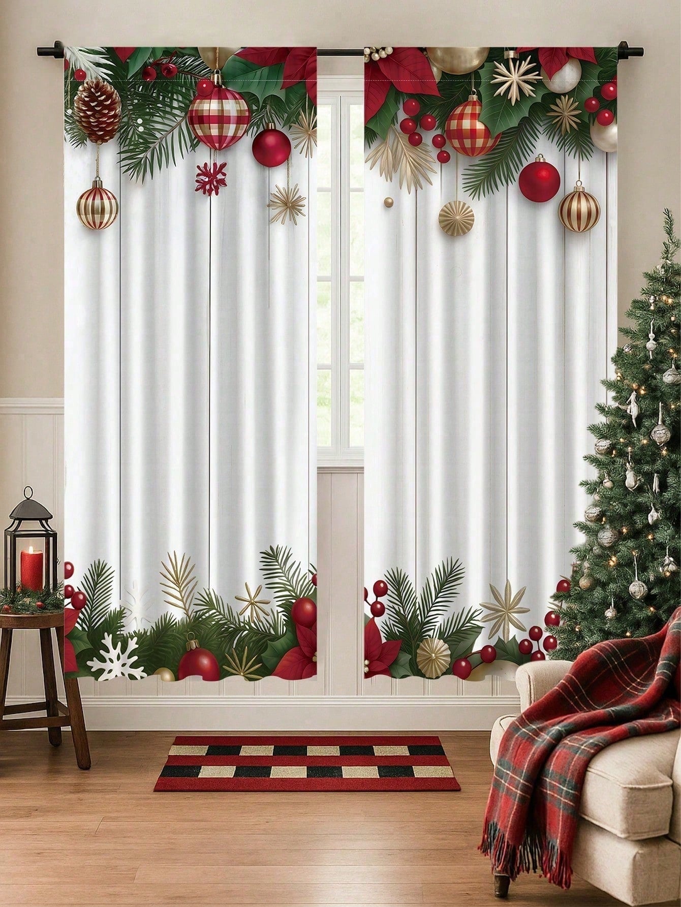 2pcs Christmas Ball And Pine Branch Curtain, Curtain, Window Decoration, Party Supplies, Baby Shower Decoration, Home Decor Background, Party Gift, Room Decoration, Bedroom Decoration, Kitchen Decorat