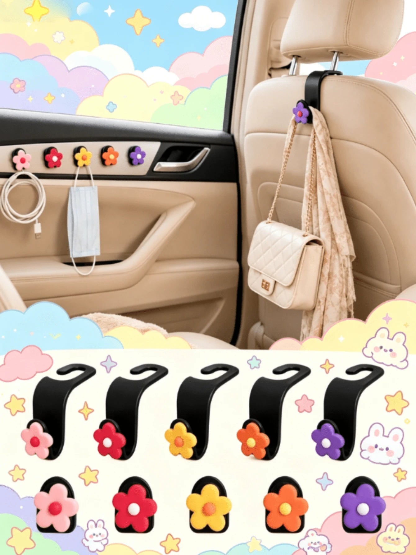 2pcs Colorful Flower Multi-Function Creative Car Back Seat Hooks, Dedicated Back Seat Hooks, Car Seat Backrest Multi-Function Hooks, Car Storage Hooks, Ultra-Lightweight Convenient Hooks