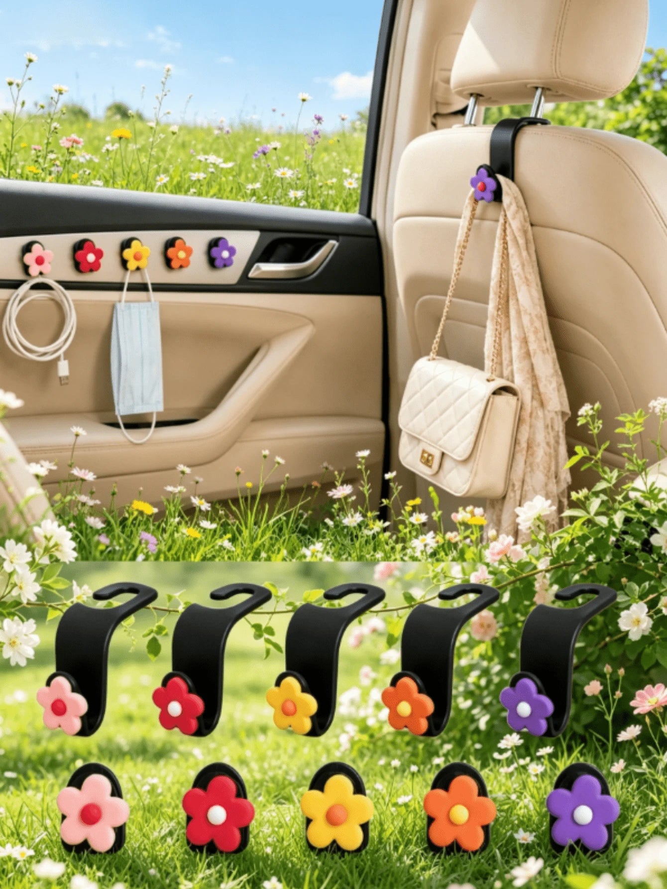 2pcs Colorful Flower Multi-Function Creative Car Back Seat Hooks, Dedicated Back Seat Hooks, Car Seat Backrest Multi-Function Hooks, Car Storage Hooks, Ultra-Lightweight Convenient Hooks