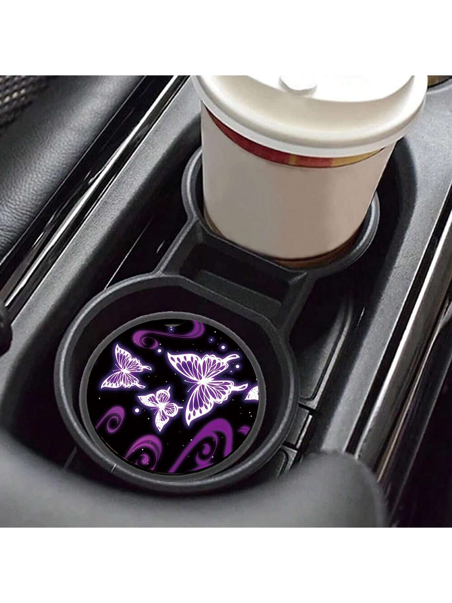 2pcs Creative Non-Slip Automotive Cup Mats With Butterfly Print On Purple Base, Decorative And Protective Coaster For Car Interior