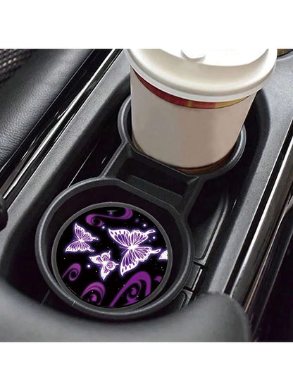 2pcs Creative Non-Slip Automotive Cup Mats With Butterfly Print On Purple Base, Decorative And Protective Coaster For Car Interior