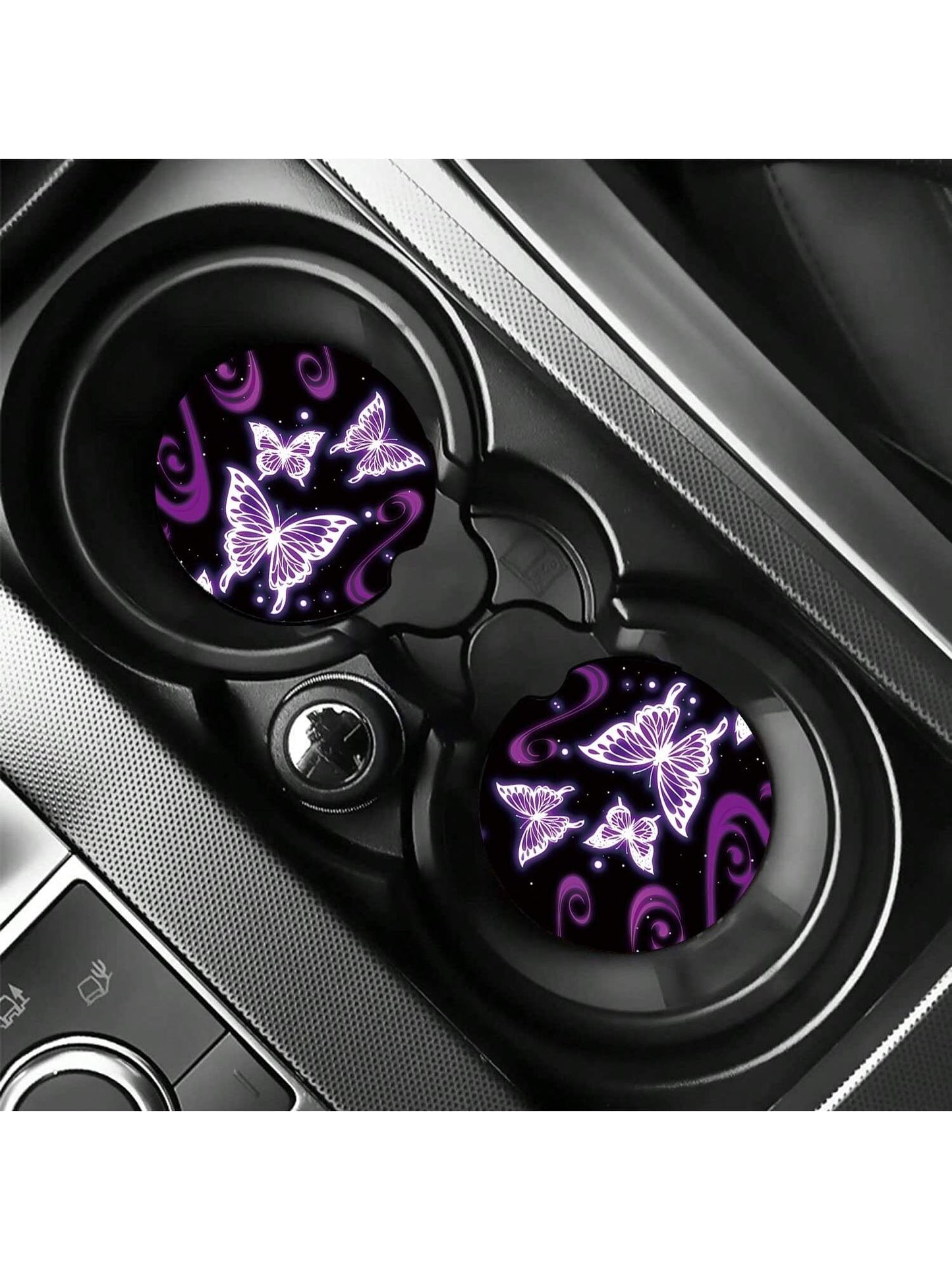 2pcs Creative Non-Slip Automotive Cup Mats With Butterfly Print On Purple Base, Decorative And Protective Coaster For Car Interior