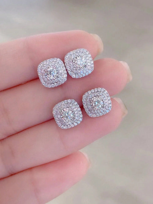 2pcs Cubic Zirconia Stud Earrings, Square Rhinestone Earrings, Hip Hop Jewelry, Ideal Gift For Anniversary/Birthday/Valentine's Day