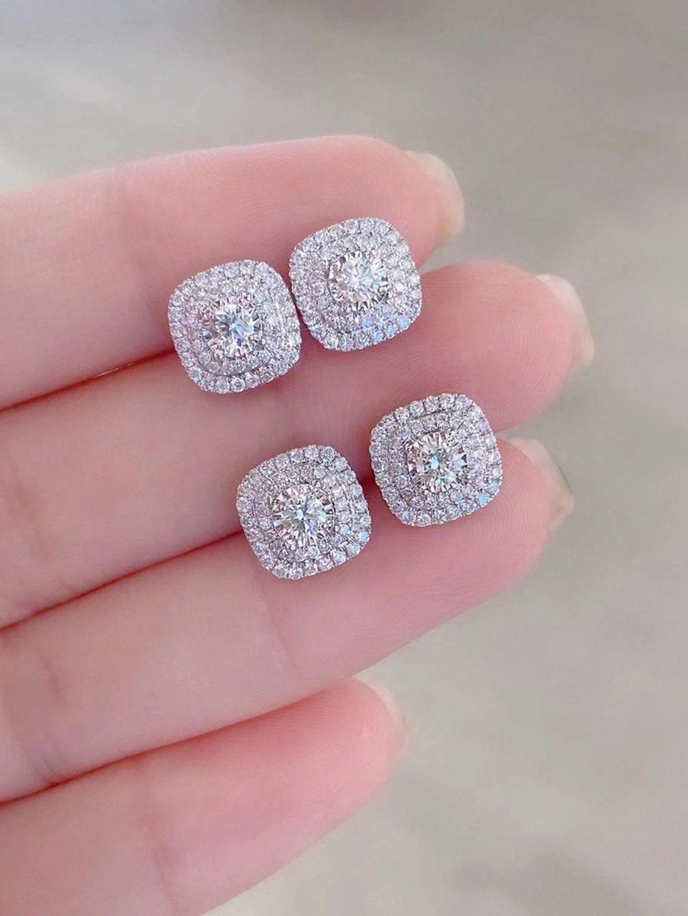 2pcs Cubic Zirconia Stud Earrings, Square Rhinestone Earrings, Hip Hop Jewelry, Ideal Gift For Anniversary/Birthday/Valentine's Day