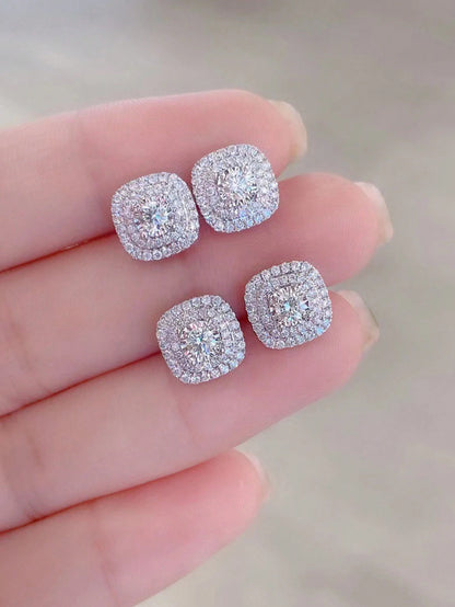 2pcs Cubic Zirconia Stud Earrings, Square Rhinestone Earrings, Hip Hop Jewelry, Ideal Gift For Anniversary/Birthday/Valentine's Day