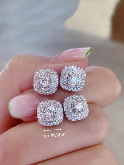 2pcs Cubic Zirconia Stud Earrings, Square Rhinestone Earrings, Hip Hop Jewelry, Ideal Gift For Anniversary/Birthday/Valentine's Day