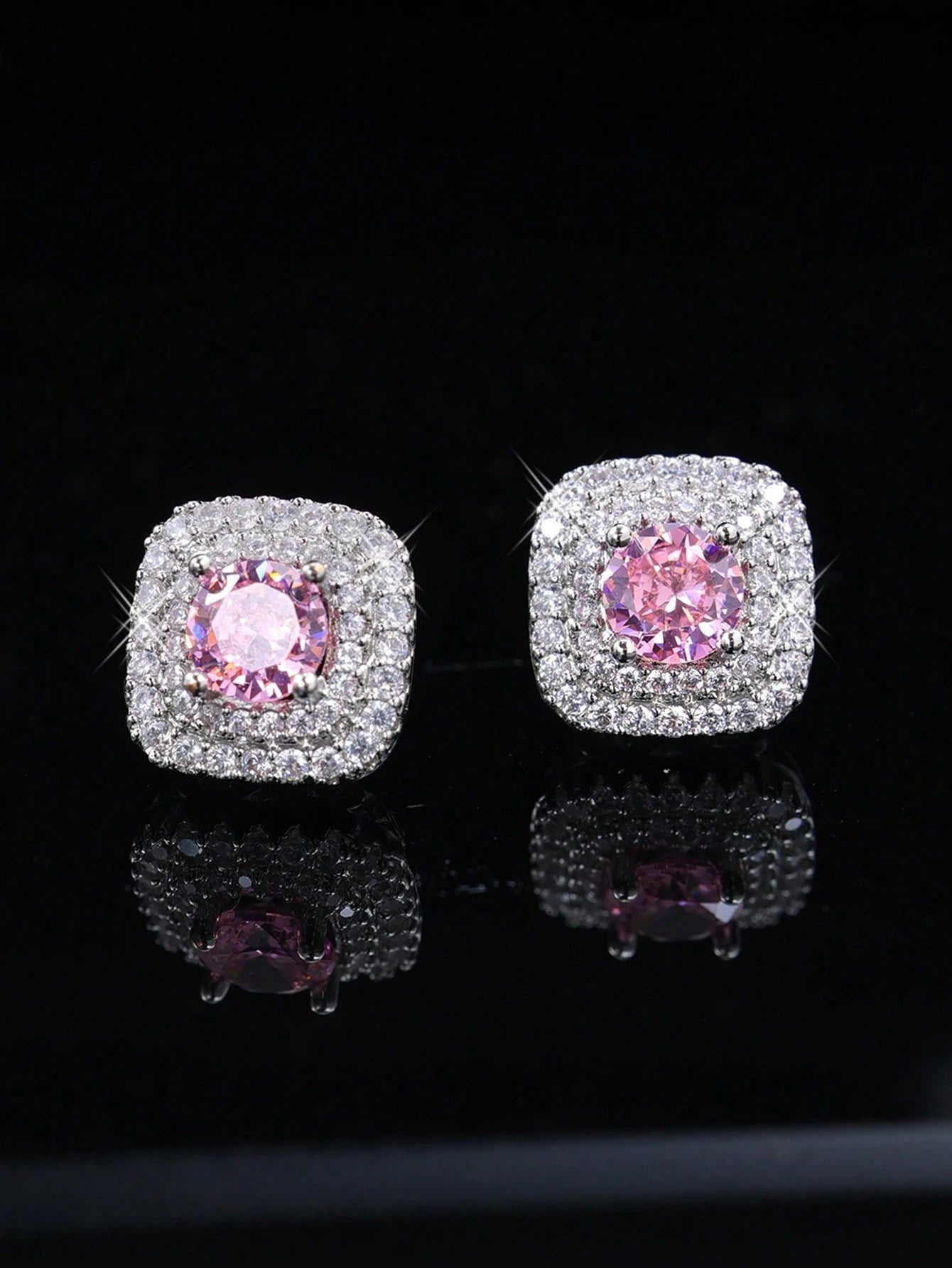 2pcs Cubic Zirconia Stud Earrings, Square Rhinestone Earrings, Hip Hop Jewelry, Ideal Gift For Anniversary/Birthday/Valentine's Day