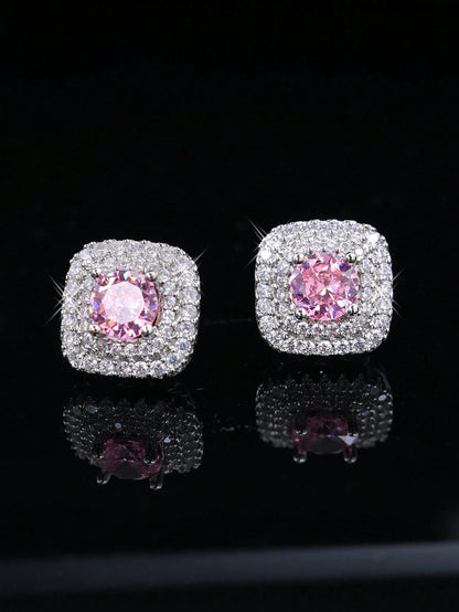 2pcs Cubic Zirconia Stud Earrings, Square Rhinestone Earrings, Hip Hop Jewelry, Ideal Gift For Anniversary/Birthday/Valentine's Day