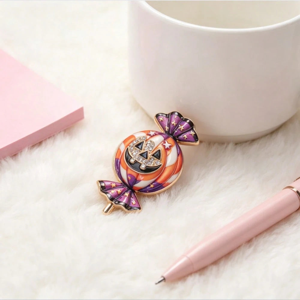 2PCS Cute Halloween Candy Pumpkin Brooch, Gold Frame Color Enamel Star & Crystal Face Pin, For Coats Scarves Spooky Holiday Party Gift