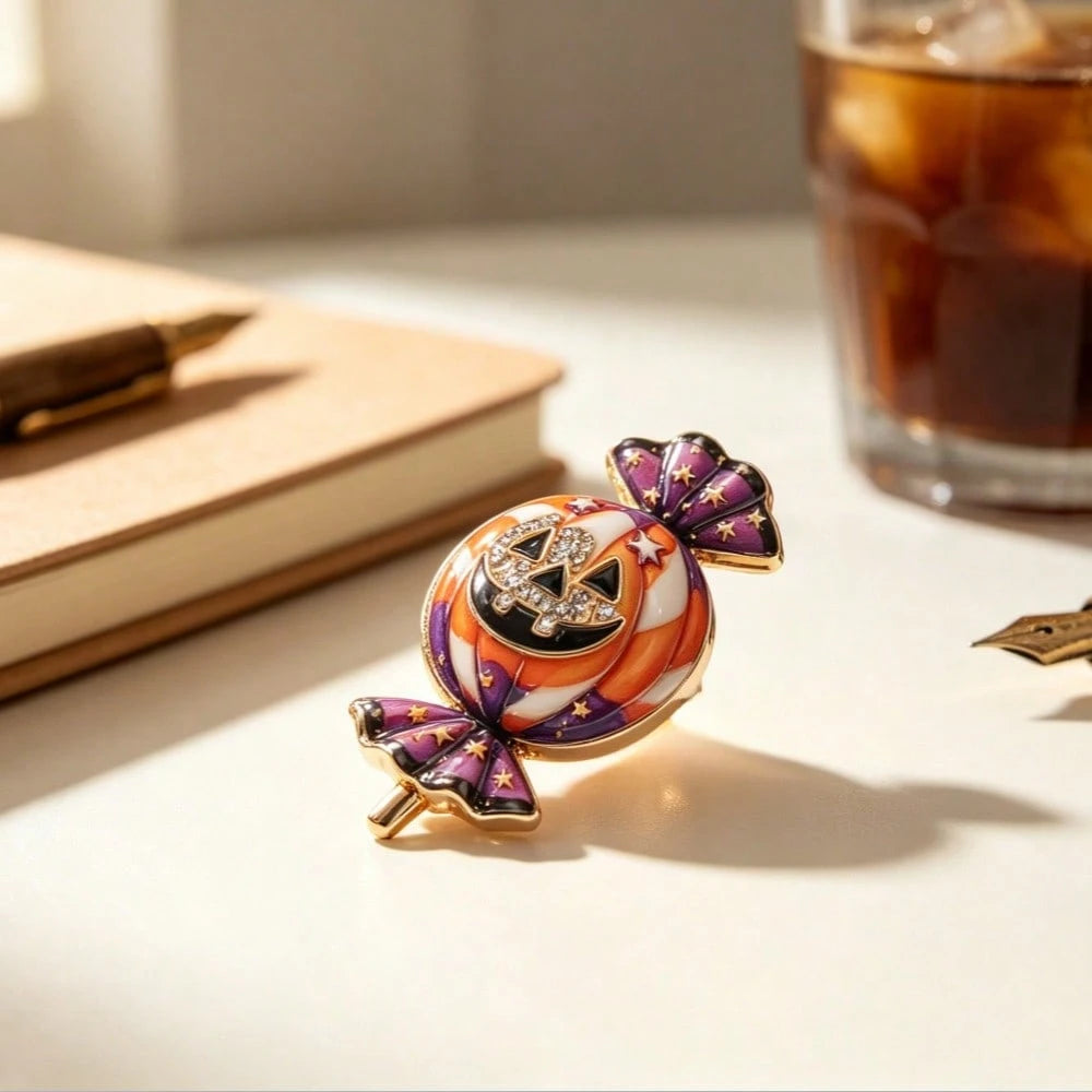2PCS Cute Halloween Candy Pumpkin Brooch, Gold Frame Color Enamel Star & Crystal Face Pin, For Coats Scarves Spooky Holiday Party Gift