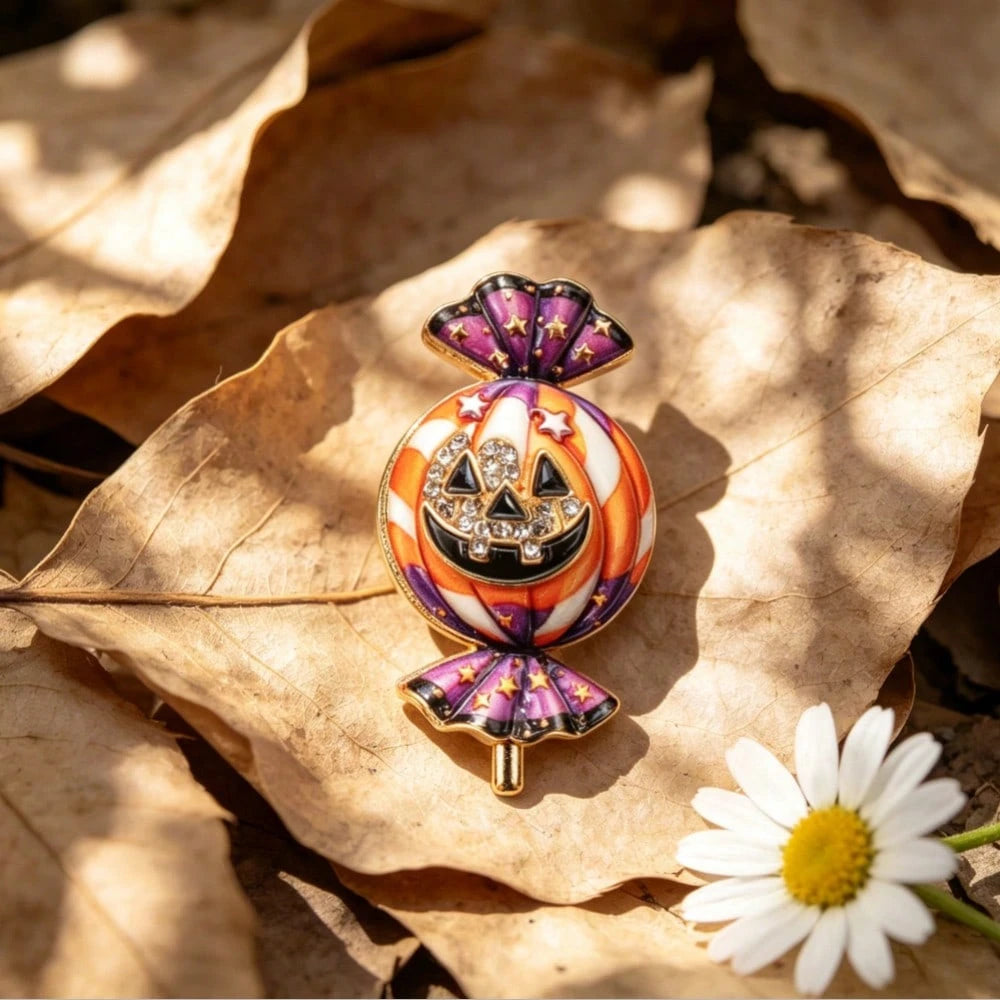 2PCS Cute Halloween Candy Pumpkin Brooch, Gold Frame Color Enamel Star & Crystal Face Pin, For Coats Scarves Spooky Holiday Party Gift