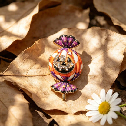 2PCS Cute Halloween Candy Pumpkin Brooch, Gold Frame Color Enamel Star & Crystal Face Pin, For Coats Scarves Spooky Holiday Party Gift