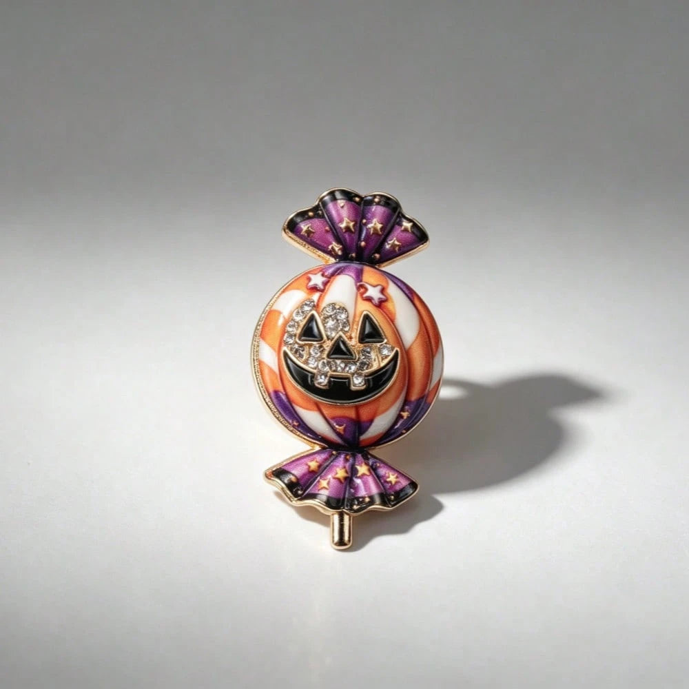 2PCS Cute Halloween Candy Pumpkin Brooch, Gold Frame Color Enamel Star & Crystal Face Pin, For Coats Scarves Spooky Holiday Party Gift