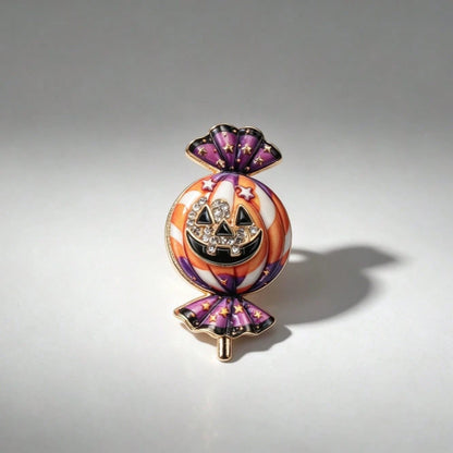 2PCS Cute Halloween Candy Pumpkin Brooch, Gold Frame Color Enamel Star & Crystal Face Pin, For Coats Scarves Spooky Holiday Party Gift