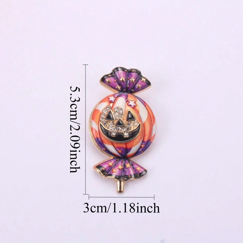 2PCS Cute Halloween Candy Pumpkin Brooch, Gold Frame Color Enamel Star & Crystal Face Pin, For Coats Scarves Spooky Holiday Party Gift