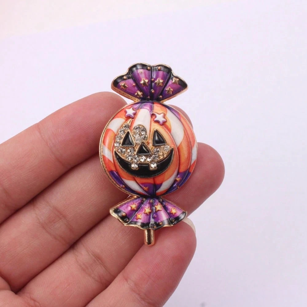 2PCS Cute Halloween Candy Pumpkin Brooch, Gold Frame Color Enamel Star & Crystal Face Pin, For Coats Scarves Spooky Holiday Party Gift
