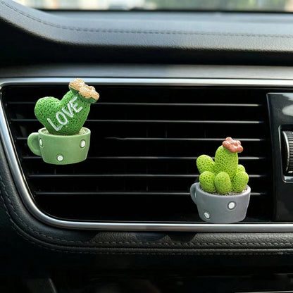 2pcs Cute Mini Cactus Car Air Vent Fragrance Clip Mini Potted Plant Car Interior Decor Air Conditioner Greenery Ornament (Includes Fragrance Pad)