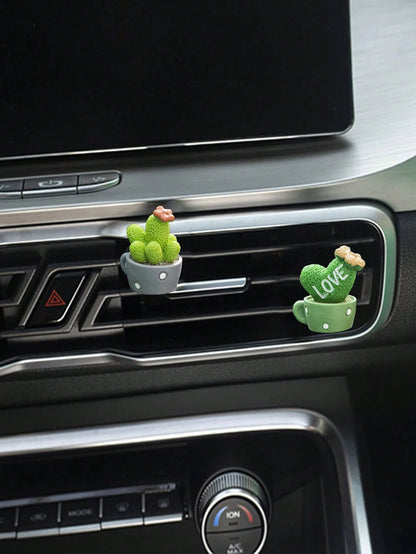 2pcs Cute Mini Cactus Car Air Vent Fragrance Clip Mini Potted Plant Car Interior Decor Air Conditioner Greenery Ornament (Includes Fragrance Pad)