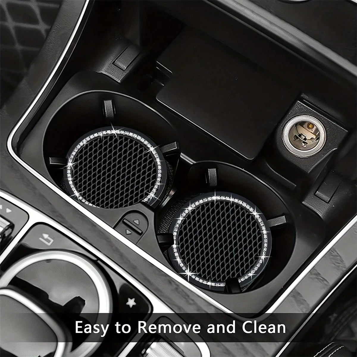 2pcs Glossy Car Cup Holder Liners, Black Rhinestone Silicone Non-Slip Cup Coasters, Universal Round Car Cup Holder Inserts, Women's Car Interior Accessories