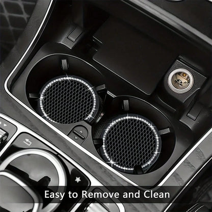 2pcs Glossy Car Cup Holder Liners, Black Rhinestone Silicone Non-Slip Cup Coasters, Universal Round Car Cup Holder Inserts, Women's Car Interior Accessories