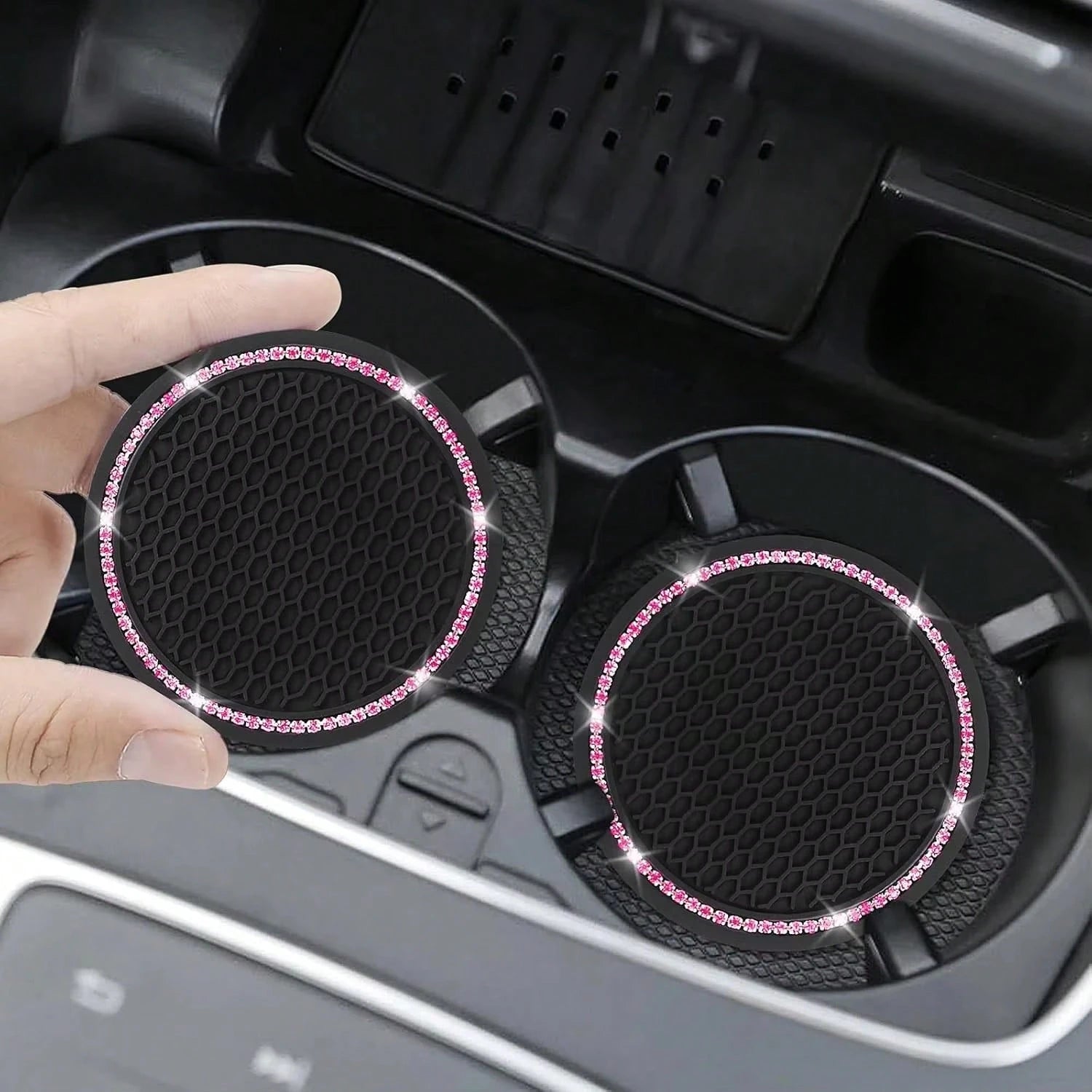 2pcs Glossy Car Cup Holder Liners, Black Rhinestone Silicone Non-Slip Cup Coasters, Universal Round Car Cup Holder Inserts, Women's Car Interior Accessories