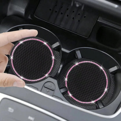 2pcs Glossy Car Cup Holder Liners, Black Rhinestone Silicone Non-Slip Cup Coasters, Universal Round Car Cup Holder Inserts, Women's Car Interior Accessories