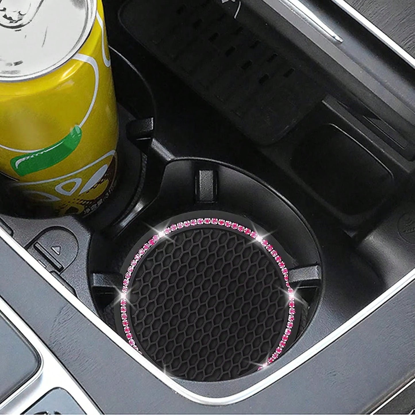 2pcs Glossy Car Cup Holder Liners, Black Rhinestone Silicone Non-Slip Cup Coasters, Universal Round Car Cup Holder Inserts, Women's Car Interior Accessories