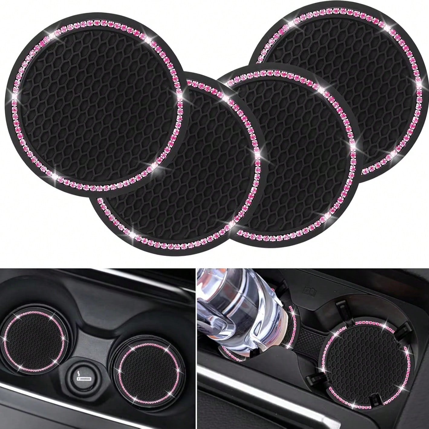 2pcs Glossy Car Cup Holder Liners, Black Rhinestone Silicone Non-Slip Cup Coasters, Universal Round Car Cup Holder Inserts, Women's Car Interior Accessories