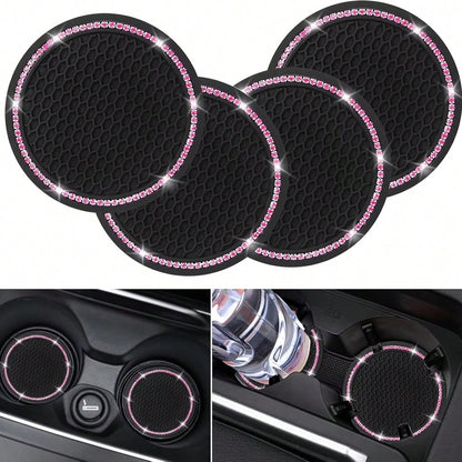 2pcs Glossy Car Cup Holder Liners, Black Rhinestone Silicone Non-Slip Cup Coasters, Universal Round Car Cup Holder Inserts, Women's Car Interior Accessories