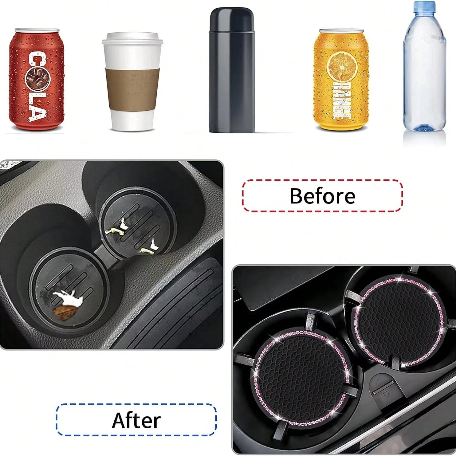 2pcs Glossy Car Cup Holder Liners, Black Rhinestone Silicone Non-Slip Cup Coasters, Universal Round Car Cup Holder Inserts, Women's Car Interior Accessories