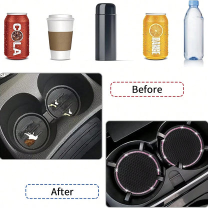 2pcs Glossy Car Cup Holder Liners, Black Rhinestone Silicone Non-Slip Cup Coasters, Universal Round Car Cup Holder Inserts, Women's Car Interior Accessories