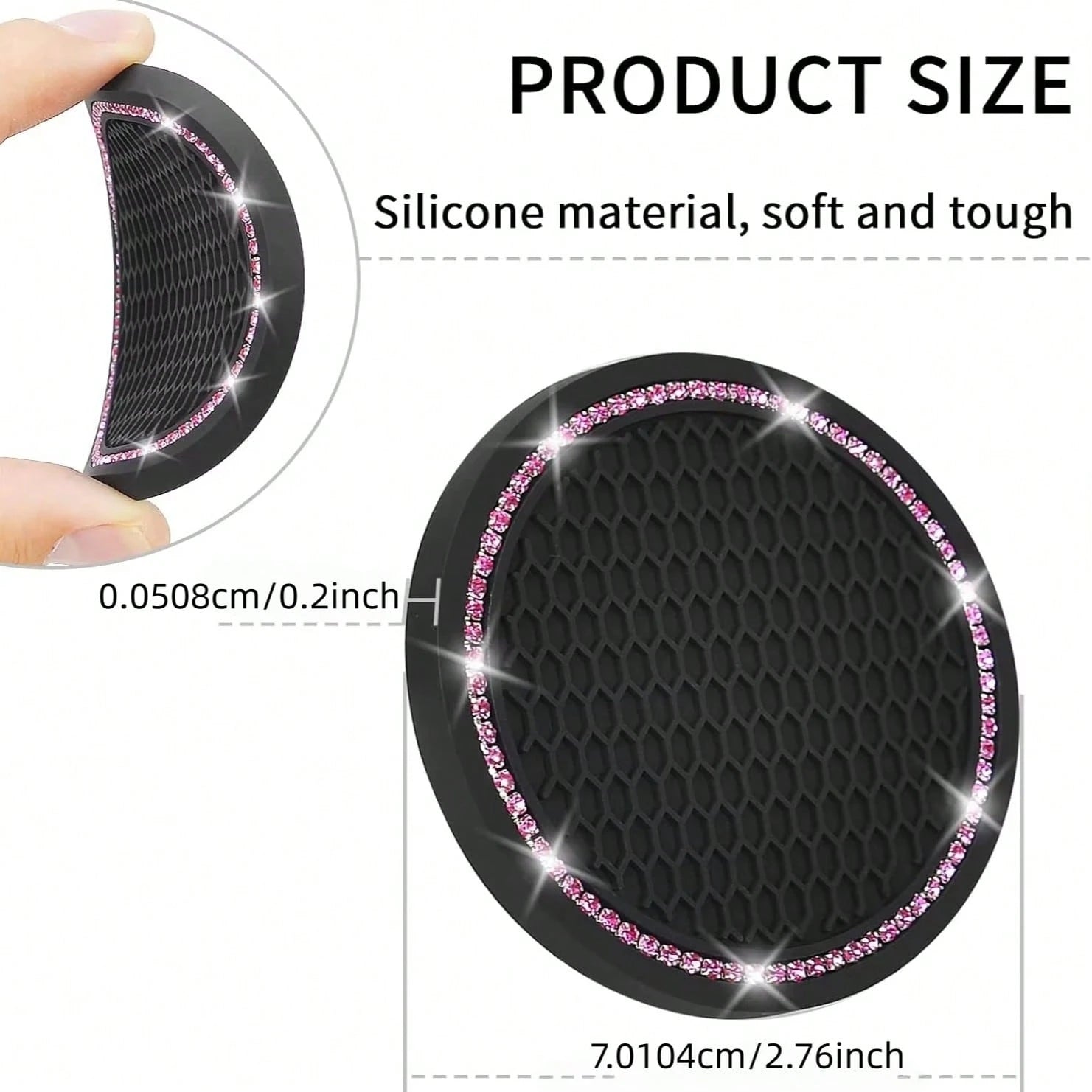 2pcs Glossy Car Cup Holder Liners, Black Rhinestone Silicone Non-Slip Cup Coasters, Universal Round Car Cup Holder Inserts, Women's Car Interior Accessories