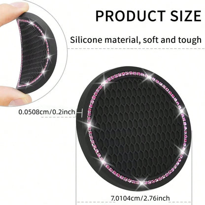 2pcs Glossy Car Cup Holder Liners, Black Rhinestone Silicone Non-Slip Cup Coasters, Universal Round Car Cup Holder Inserts, Women's Car Interior Accessories