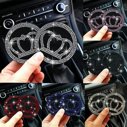 2pcs Glossy Car Cup Holder Liners, Black Rhinestone Silicone Non-Slip Cup Coasters, Universal Round Car Cup Holder Inserts, Women's Car Interior Accessories