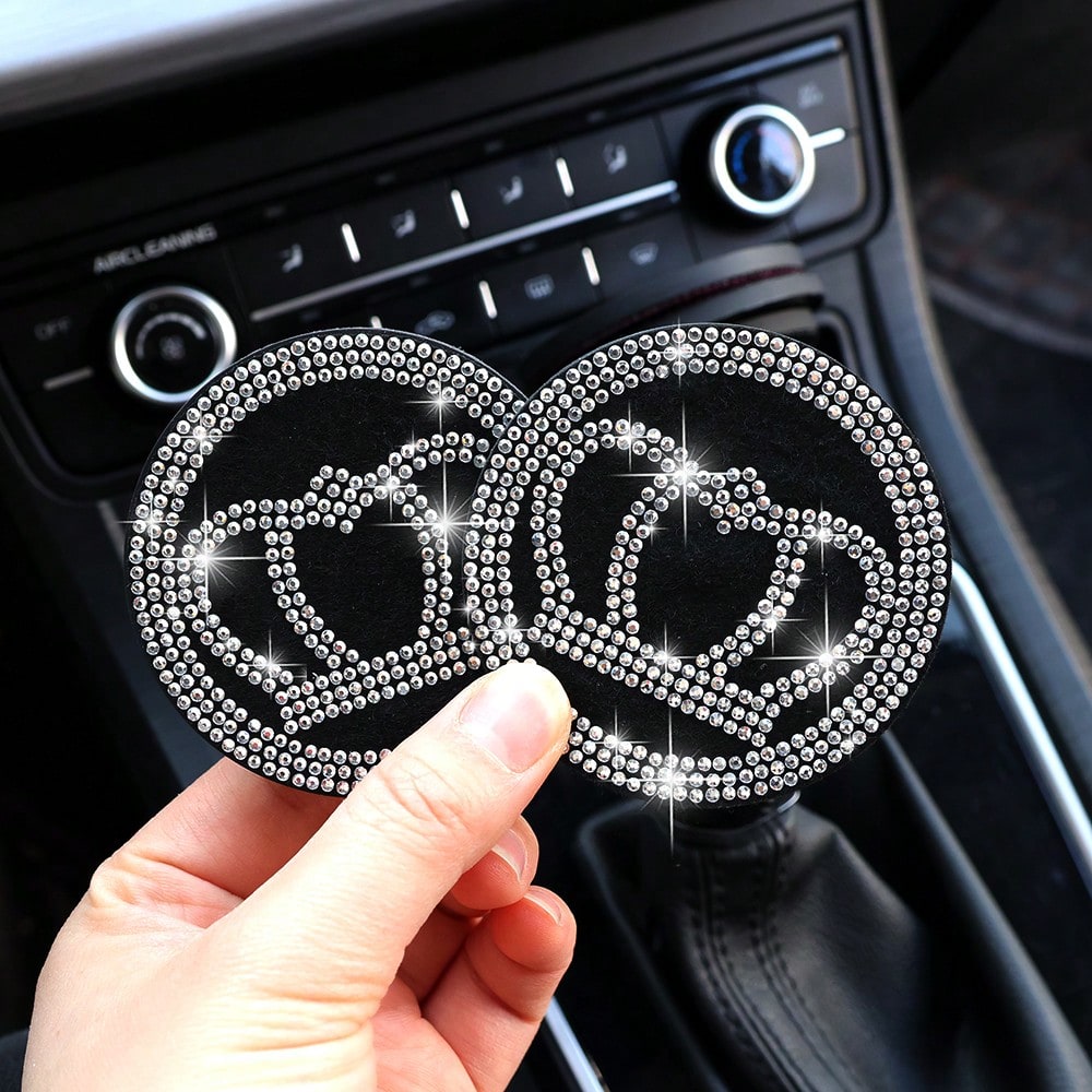 2pcs Glossy Car Cup Holder Liners, Black Rhinestone Silicone Non-Slip Cup Coasters, Universal Round Car Cup Holder Inserts, Women's Car Interior Accessories