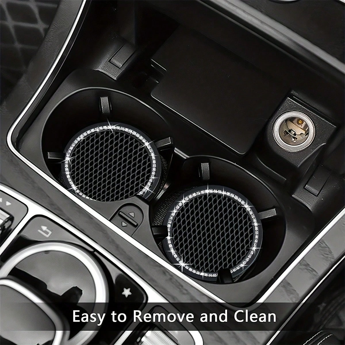 2pcs Glossy Car Cup Holder Liners, Black Rhinestone Silicone Non-Slip Cup Coasters, Universal Round Car Cup Holder Inserts, Women's Car Interior Accessories