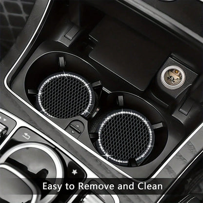 2pcs Glossy Car Cup Holder Liners, Black Rhinestone Silicone Non-Slip Cup Coasters, Universal Round Car Cup Holder Inserts, Women's Car Interior Accessories