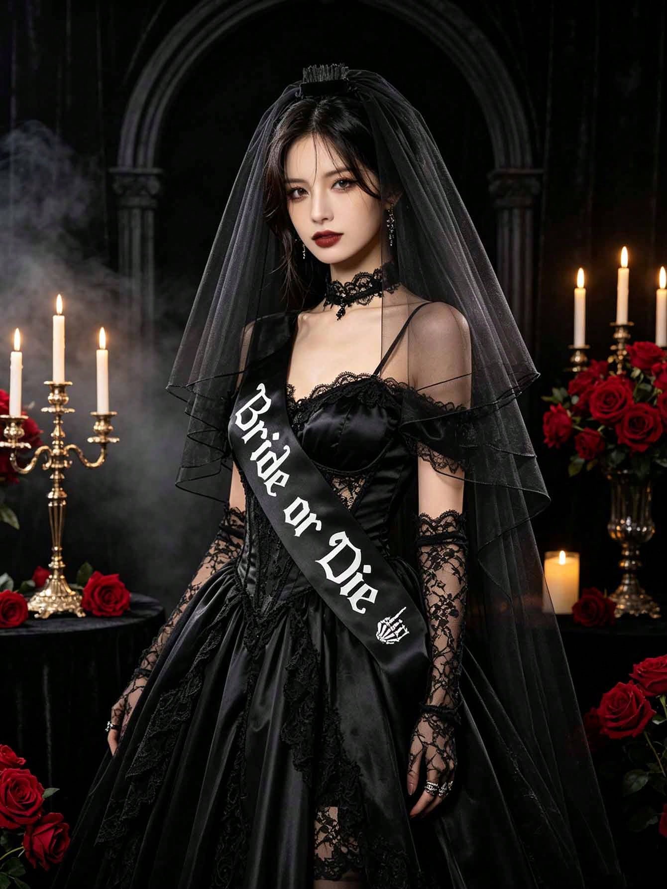 2pcs Gothic Wedding Veil & Shoulder Strap Set, Dark Style Costume Accessories, Photo Props, Suitable For Wedding, Bachelorette Party, Halloween